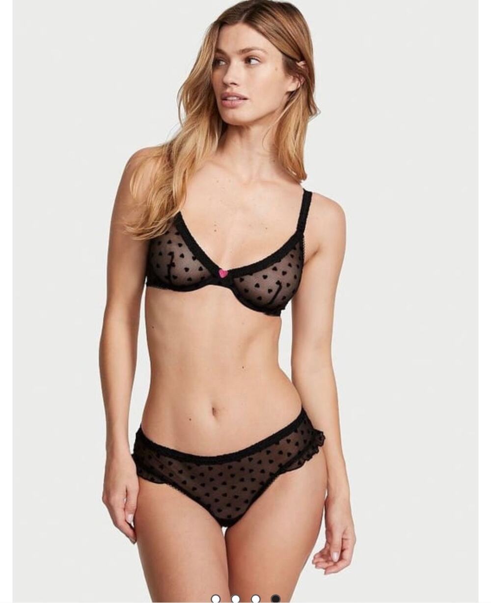 Victoria’s Secret Tease Heart Mesh Bra Thong Set 38C XL Black
